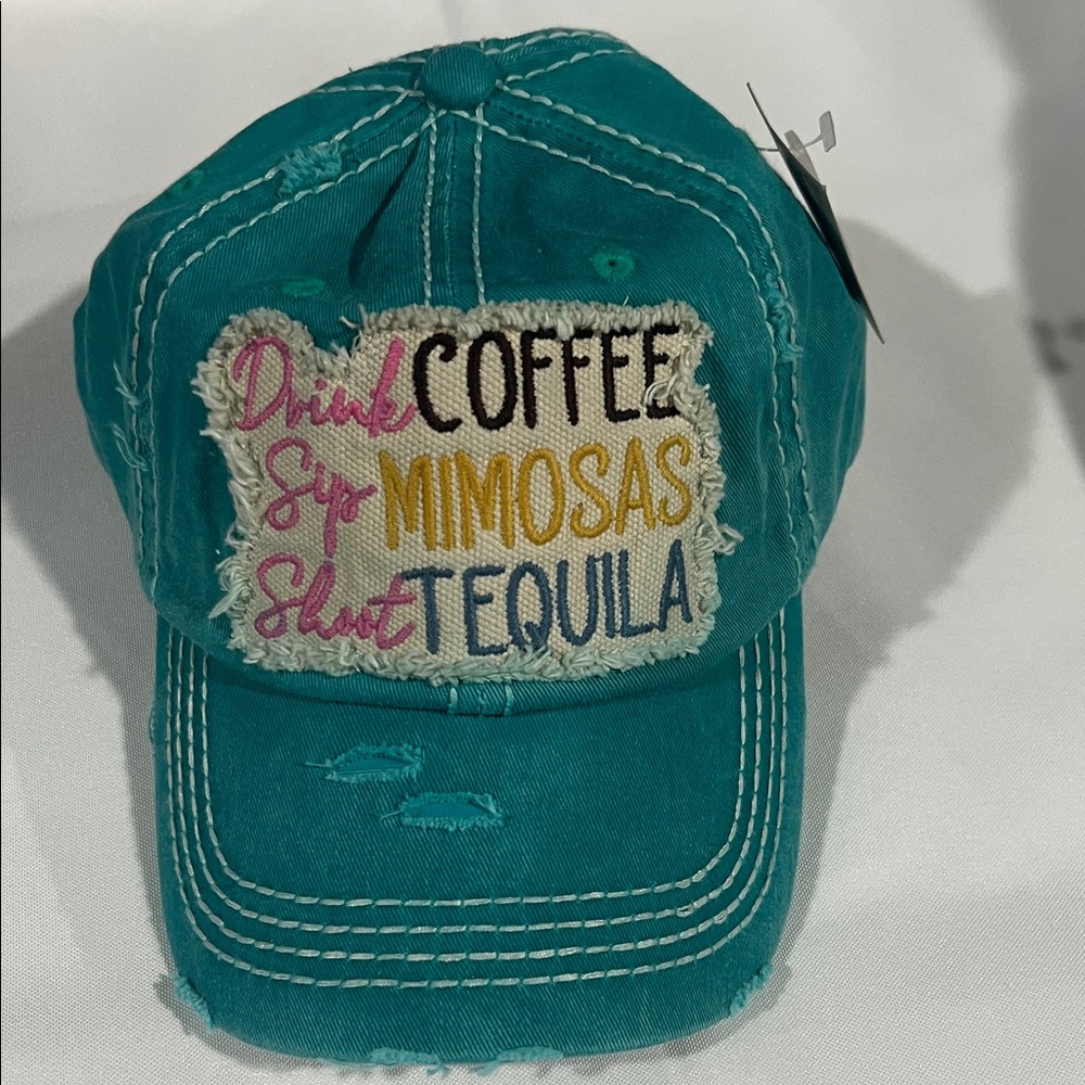 Teal Distressed Cap with Fun Embroidery